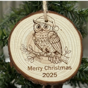 live edge engraved wood ornament owl